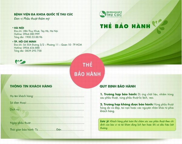 Thẻ bảo hành của Thu Cúc dành cho tất cả các khách hàng sau khi nâng mũi